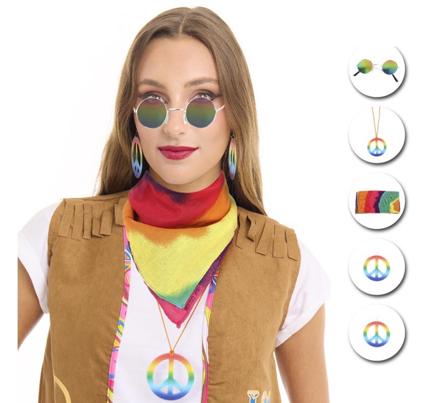 Kit Hippie Adulto: Óculos, Lenço e Colar em várias cores