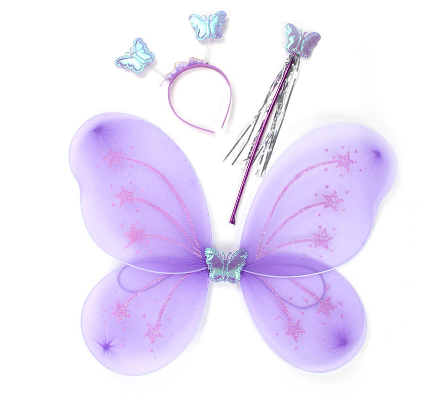 Kit farfalla lilla: cerchietto, bacchetta e ali da 55 cm