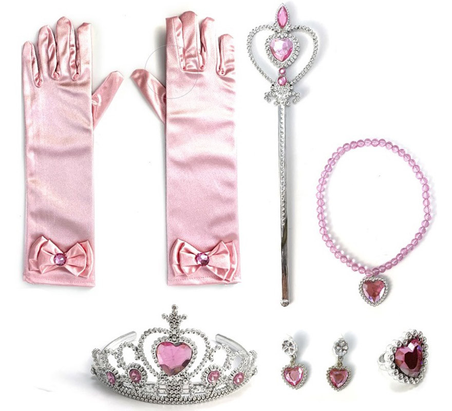 Kit princesse rose pour fille : couronne, collier, boucles d'oreilles,  bague, gants et baguette