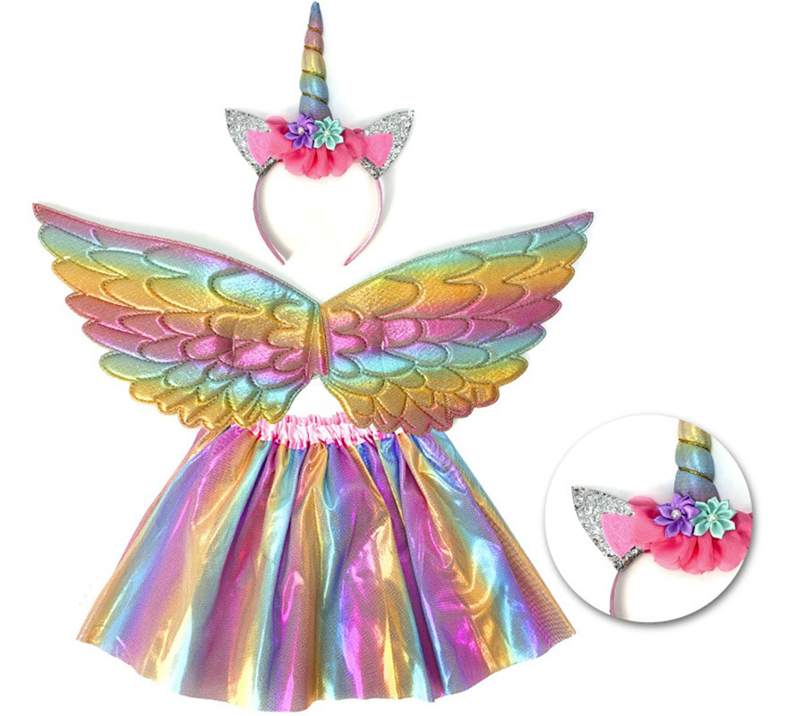 Kit unicorno arcobaleno per bambini: cerchietto, ali e tutù