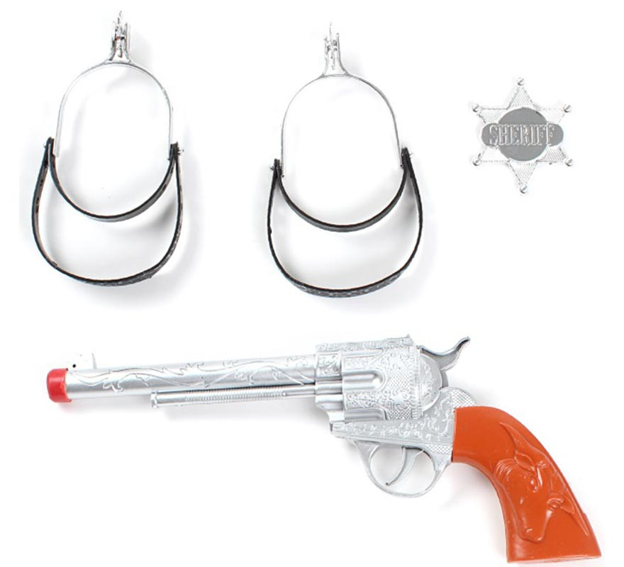 Kit da cowboy: pistola giocattolo, stella e speroni