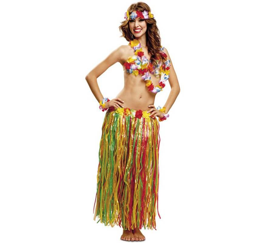 Kit Hawaiana Deluxe: Corona, collar, pulseras, sujetador y falda