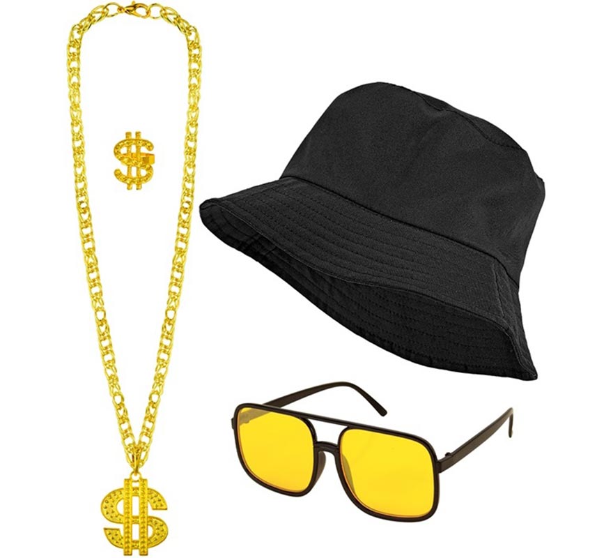 Kit Hip Hop Anos 90: Chapéu, Óculos, Colar e Anel