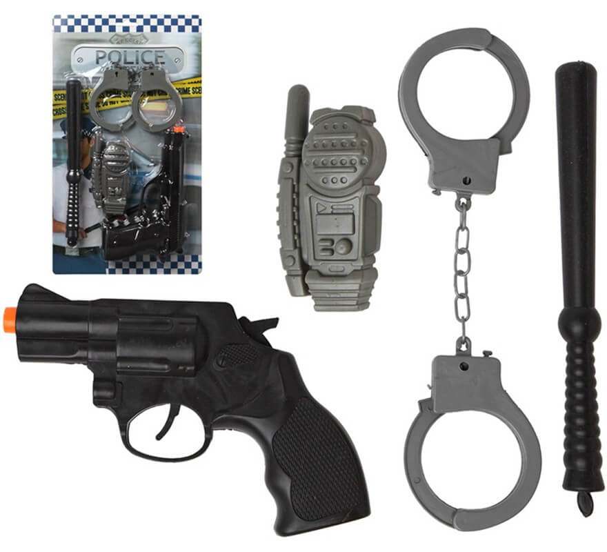 Divertidísimo oyente rural Kit de Policía: Pistola, Walkie, Esposas y Porra en 2 modelos surtidos