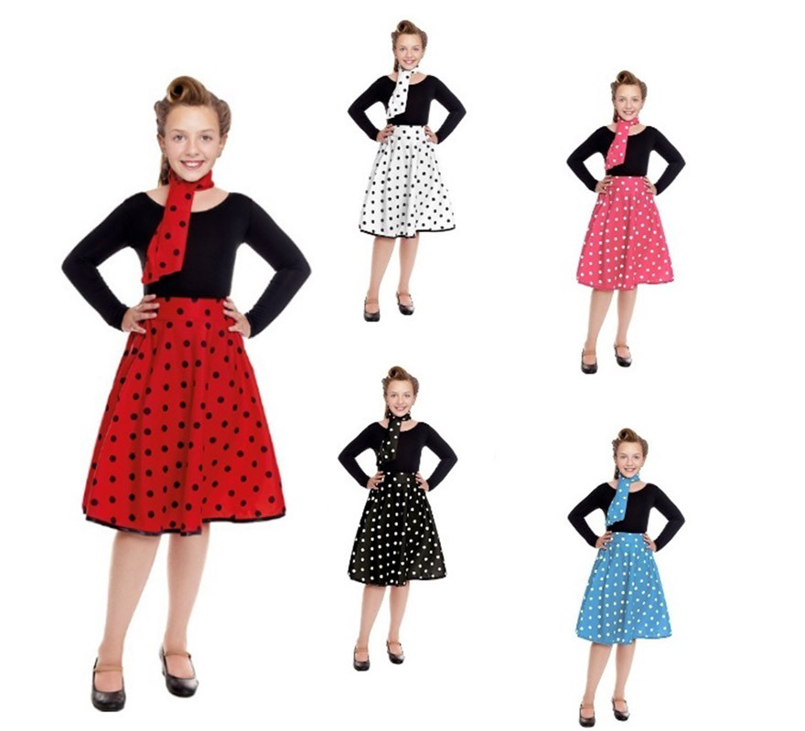 Kit o Disfraz Años 50 en varios colores para niña: Falda y Pañuelo