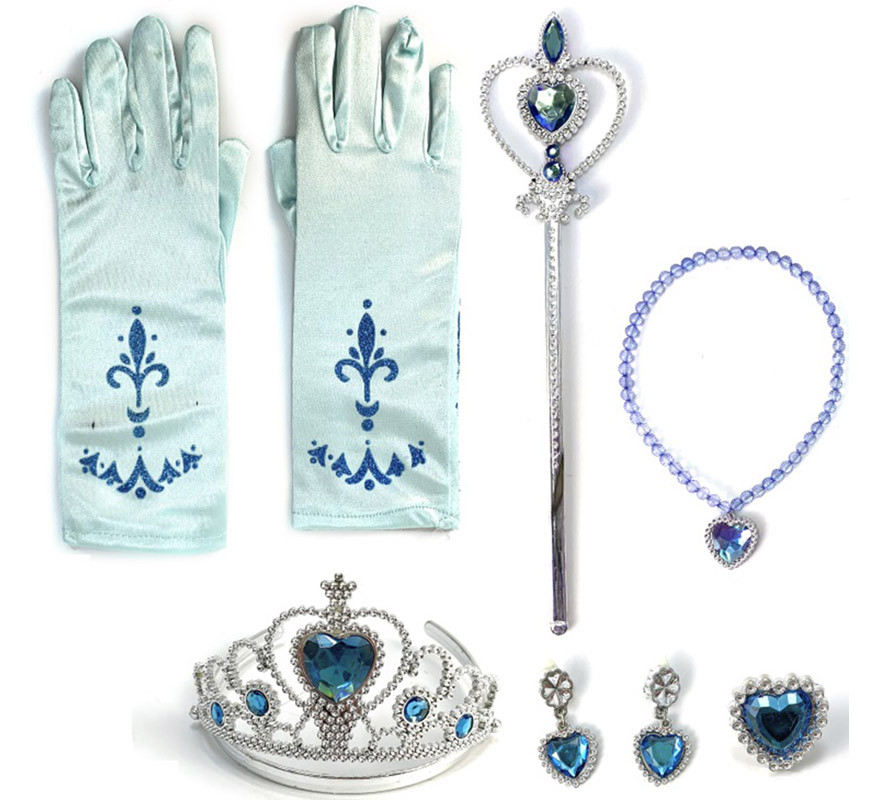 Kit principessa bambina blu: guanti, scettro, collana, corona