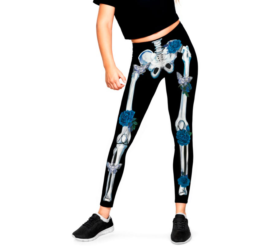 Blue Floral Skeleton Leggings for Girls
