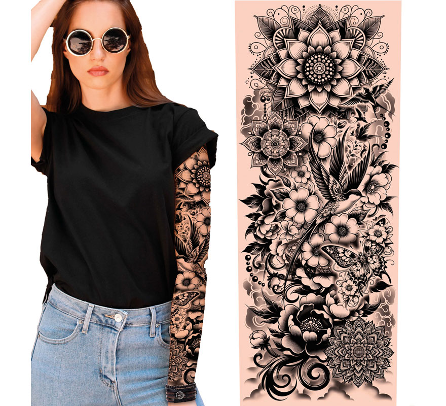 Manga de tatuagem floral preta e branca adulta