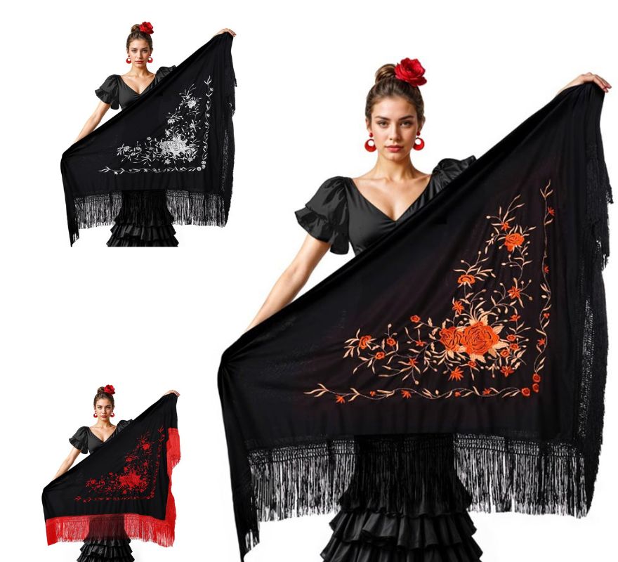 Xale preto bordado de 200x95 cm em várias cores