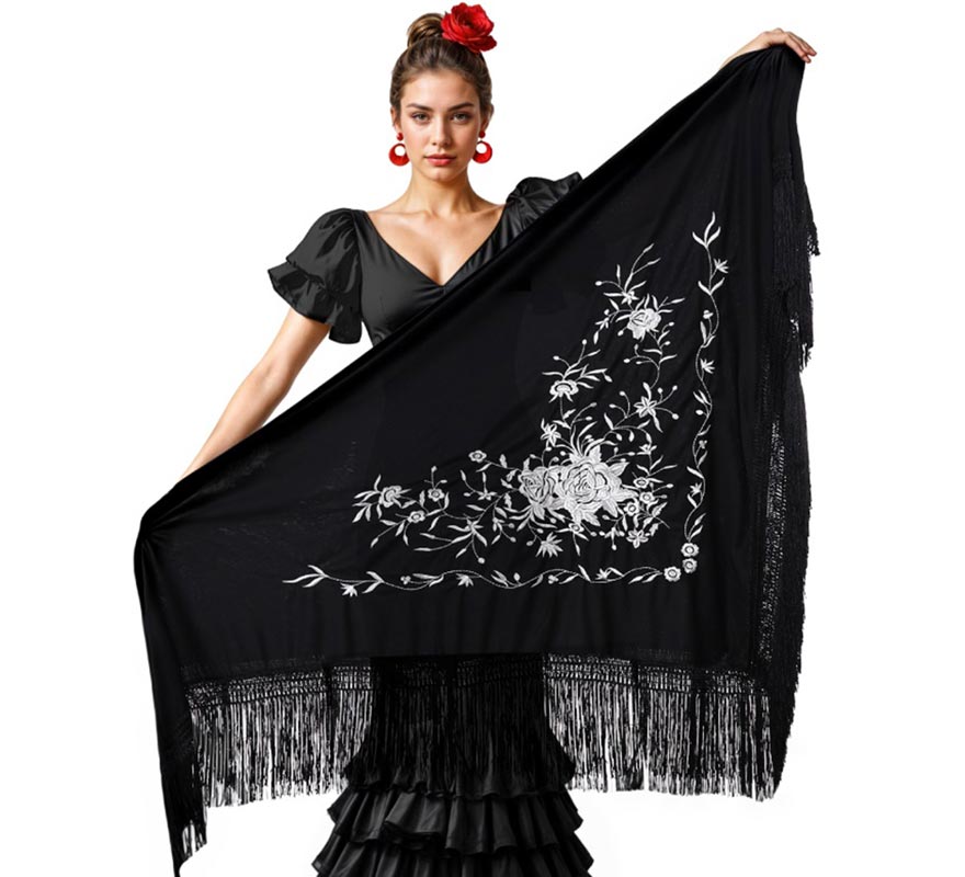Xale preto bordado de 200x95 cm em várias cores