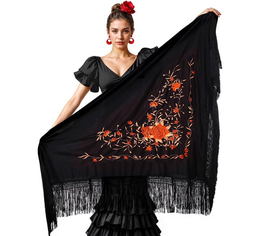 Xale preto bordado de 200x95 cm em várias cores
