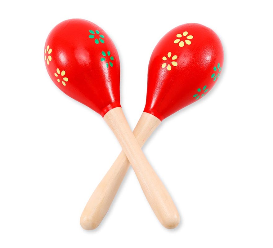 Red wooden maracas with flowers 20 cm