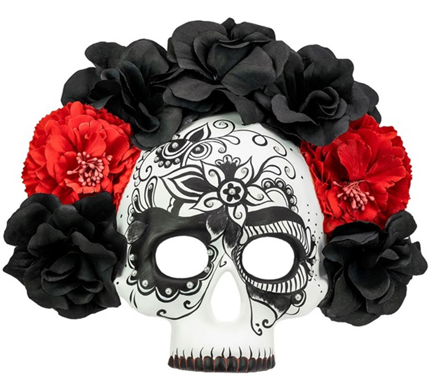 Day of the Dead Skull Mask with Black and Red Roses