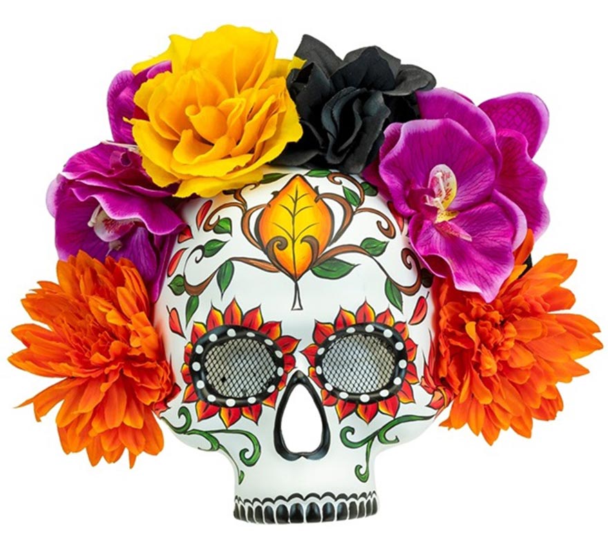 Masque de crâne pour la Fête des Morts orné de fleurs colorées