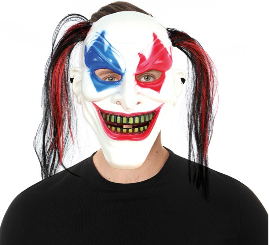 Two-tone clown mask with plastic pigtails