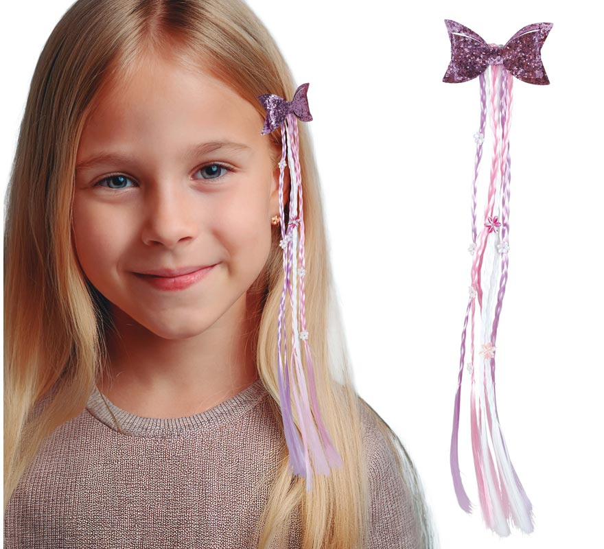 Mechón Trencitas lila y rosa con Lazo de 30 cm Mechón Trencitas lila y rosa con Lazo de 30 cm