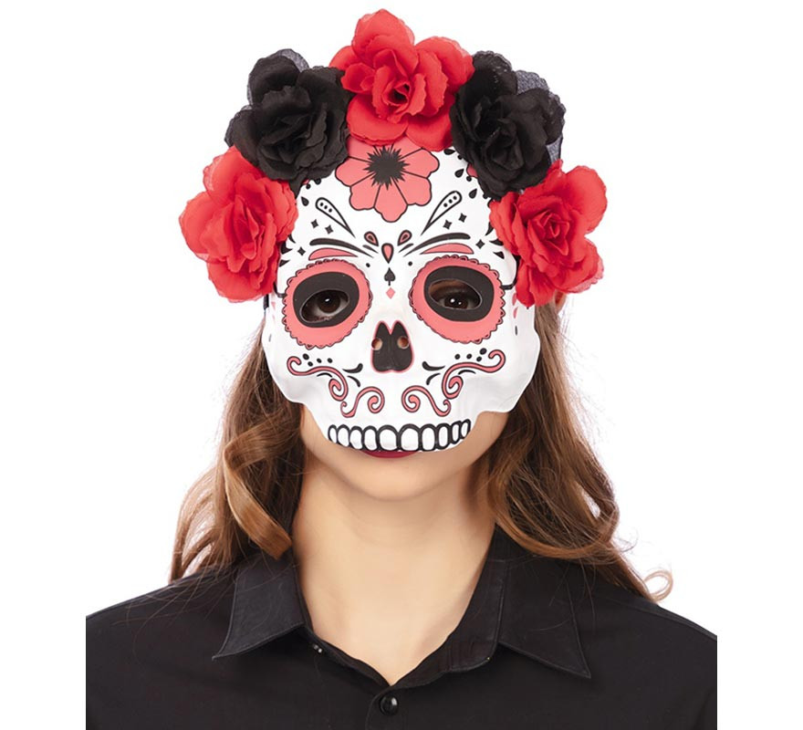 Catrina half mask with flowers for adults, 22x23 cm