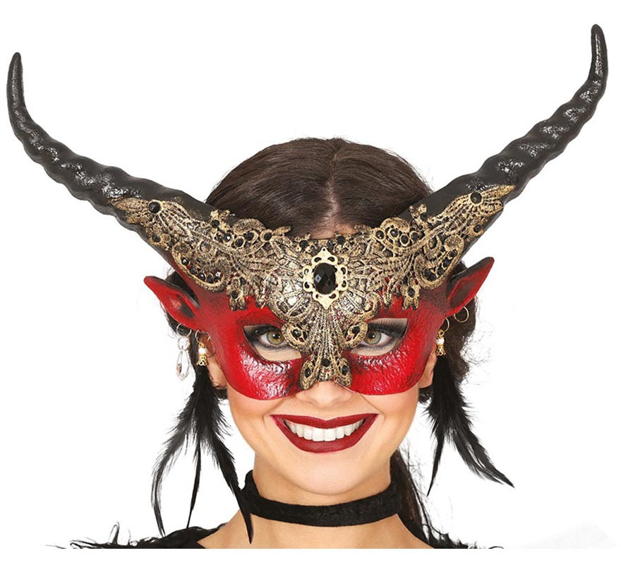 Red Demon Half Mask with Horns