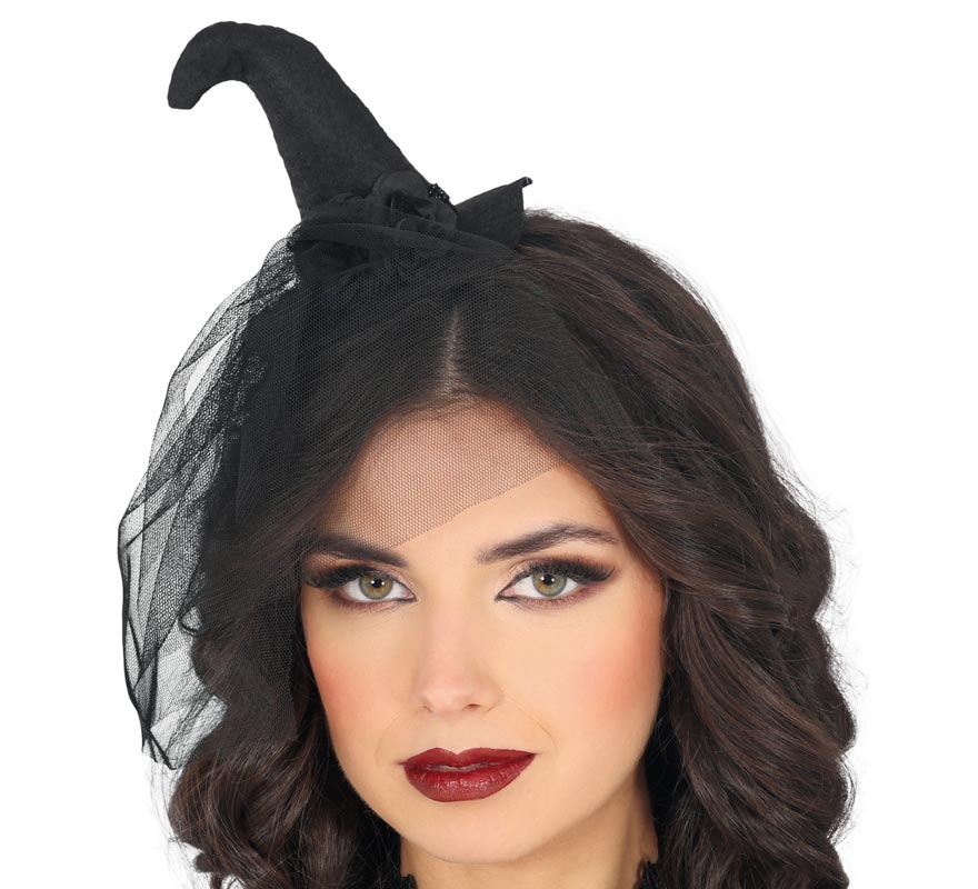 Mini chapéu de bruxa preto com véu preto
