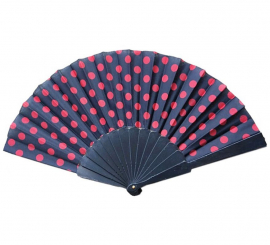 Black Sevillana or Chulapa fan with red plastic polka dots, 43 cm