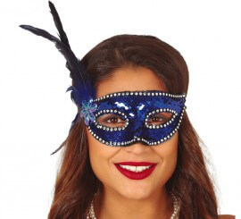 Maschera con paillettes blu con piume