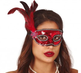 Masque à paillettes rouge avec plumes