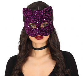 Maschera Gatto Grande con Paillettes Lilla