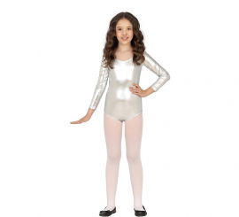 Metallic Silver Long Sleeve Bodysuit or Leotard for Children