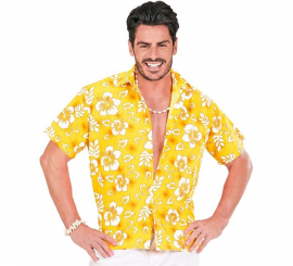 Camisa havaiana floral amarela masculina de manga curta