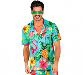Camisa havaiana masculina de manga curta com estampa tropical