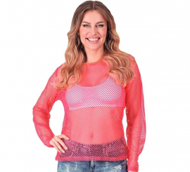 Camiseta feminina de manga comprida em malha rosa neon