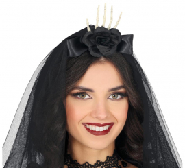 Headband with Hand Veil and Black Flower