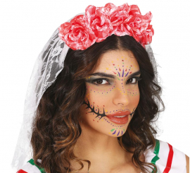 Headband with Veil and Bloody Flowers