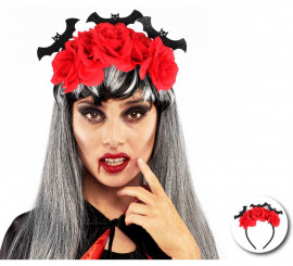 Tiara de morcego com rosas vermelhas