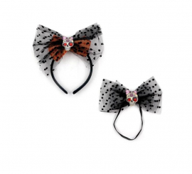 Skull and polka dot bow tie headband