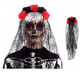 Catrina Stirnband mit schwarzen und roten Rosen und Schleier