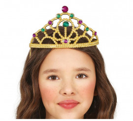 Tiara dourada com pedras multicoloridas para criança