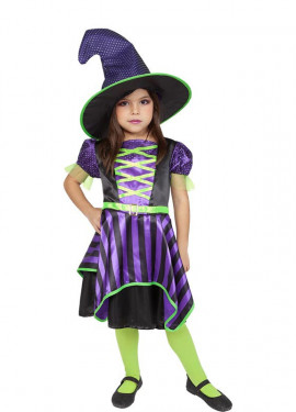 Green and purple cute witch costume with hat for girls