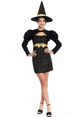 Elegant black and gold witch costume with bow for women