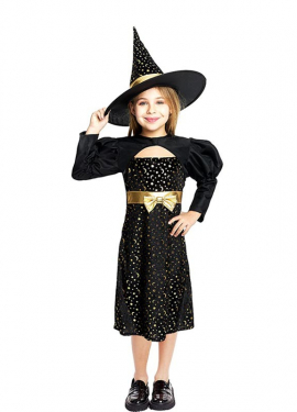 Elegante costume da strega nero e oro con fiocco per bambina