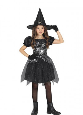 Black and silver Spiderweb witch costume for girls