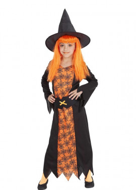 Orange spider web witch costume with hat for girls