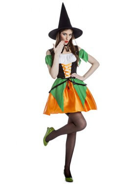 Disfraz de Bruja verde y naranja para mujer