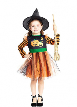 Baby and Girl Pumpkin Witch Costume with Hat