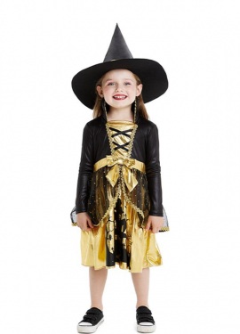 Gold and black witch costume with hat for baby and girl