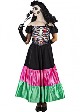 Fato de Catrina com Camisa Esqueleto para Mulher