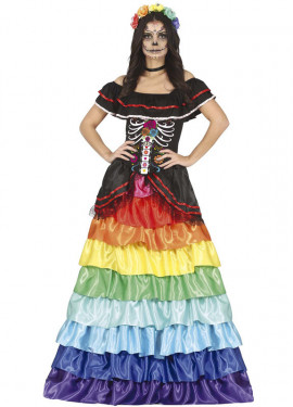 Edad adulta Escéptico Cúal Disfraz de Catrina con vestido multicolor para mujer
