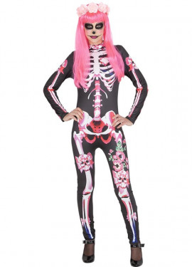 Black and pink skeleton Catrina costume with headband for women