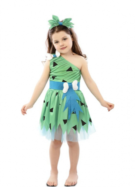 Green caveman costume with headdress for girls