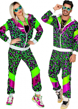 Costume da tuta con stampa animalier anni '80 verde neon per adulti